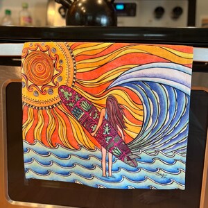 Summer Sun Surfer Girl Hand Towel for the kitchen or bathroom
