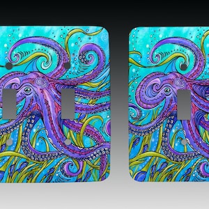 May include: A light switch cover with a colorful illustration of an octopus with purple, pink, and blue tentacles surrounded by green seaweed and blue bubbles on a turquoise background.