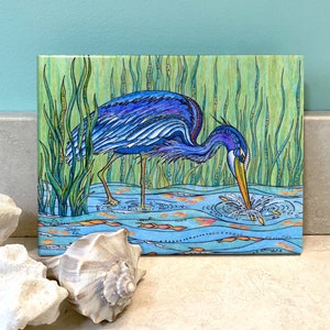 Heron in the Marsh Ceramic Tile Wall Art, Blue Heron, Tile art, Great Blue Heron