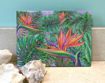 May include: A colorful illustration of bird of paradise flowers with green leaves on a purple background.