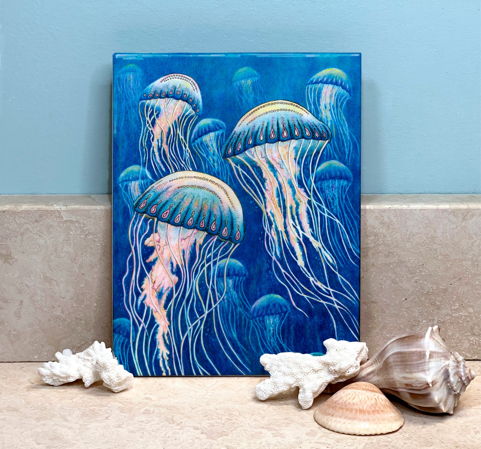 Jellyfish Ceramic Tile Wall Art Etsy