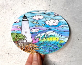 Ocracoke Waves Lighthouse  sticker, decal for cars, water bottles, skateboards, computers and more! Lighthouse art