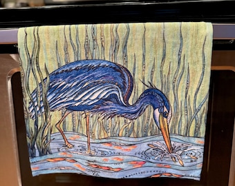 Heron in the Marsh Hand Towel for kitchen and bathroom