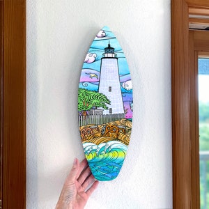 Ocracoke Waves Surfboard Wall Art, Ready to Hang Art, Lighthouses, Outer Banks, Ocracoke Island