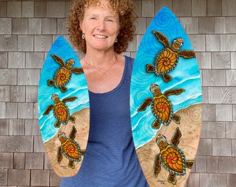 Surfboard Wall Art with the design &quot;Three Baby Turtles&quot;, surfboards, wood wall art