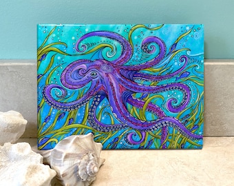 May include: A purple and blue octopus with swirling tentacles is surrounded by green seaweed and small blue fish. The octopus is drawn in a detailed, whimsical style against a turquoise background.
