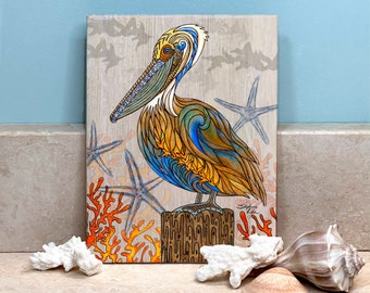 Ceramic Tile Wall Art, Pelican Perch, Sealife, Beach Art