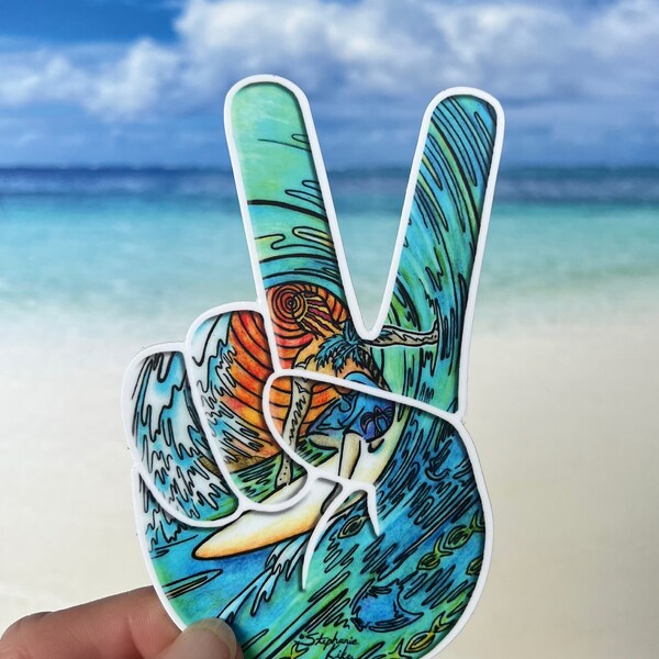 Sunset Surfer Peace Sign Sticker, Surf art sticker, surfer, decal for cars, water bottles, skateboards, computers and more!