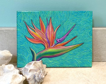 May include: A colorful bird of paradise flower with orange, yellow, and purple petals on a teal blue background with a wavy line pattern.