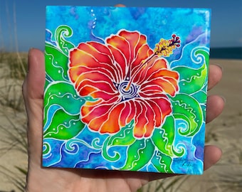 Tropical Hibiscus Ceramic Tile Wall Art