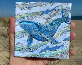 Whale Watch Ceramic Tile Wall Art, Ocean Art, Tile Art