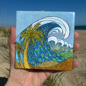 Palm Trees and Waves Ceramic Tile Wall Art