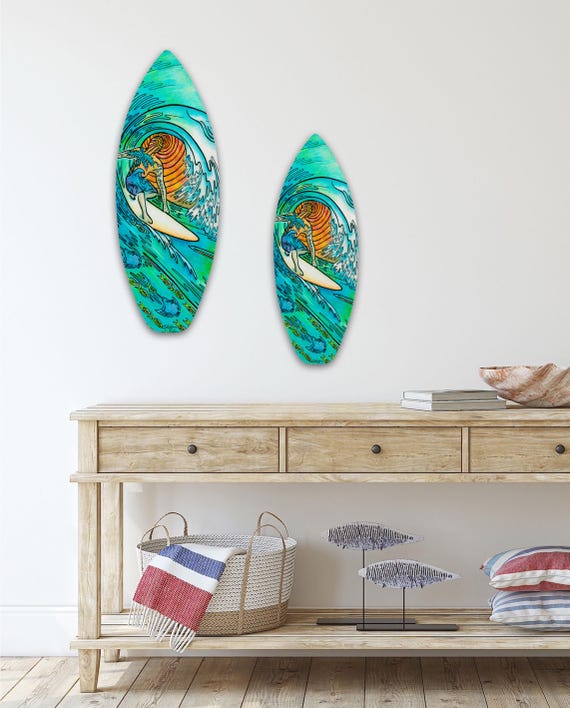 Surfboard Wall Art, Sunset Surfer, Ready to Hang Art, Surf Art