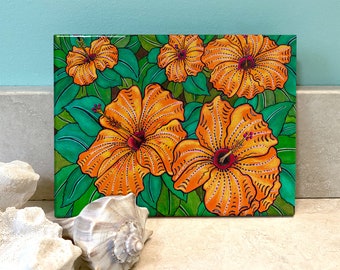 May include: A painting of orange hibiscus flowers with green leaves on a white background.