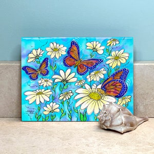 Butterflies on Daisies Ceramic Tile Wall Art