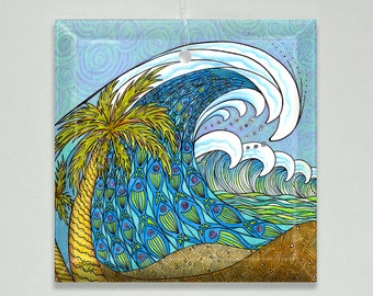 Palm Trees and Waves Glass Ornament & Suncatcher, Surfing Gifts for Men or Women