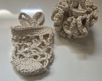 Lot de 2 pour le bain - Porte-savon et luffa pour enfants en crochet de coton