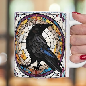 Gorgeous Raven Ceramic Mug, Perfect for Crow or Raven Lovers, Goth Enthusiasts, Halloween Decor, 11oz, 15oz Stained Glass Design Coffee Cup