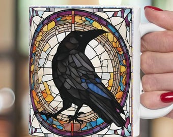 Dramatic Raven Ceramic Mug: Stained Glass Effect Gothic Coffee Cup, Halloween Decor