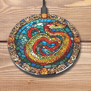 Snake Art Wireless Charger, Vibrant Stained Glass Effect Phone Accessory