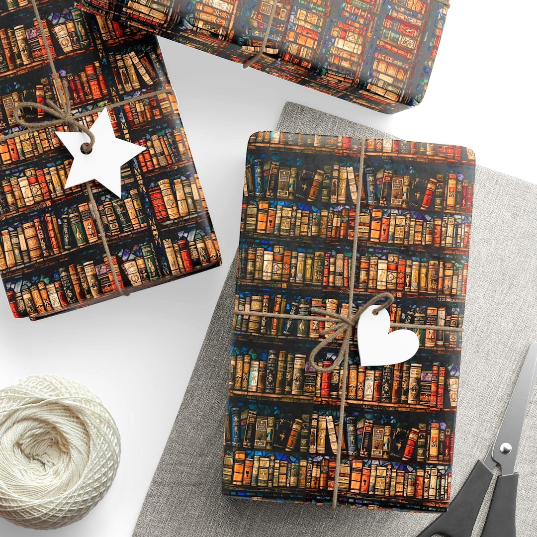Vintage Bookshelf Wrapping Paper | Library Books Pattern, Book Lover ...