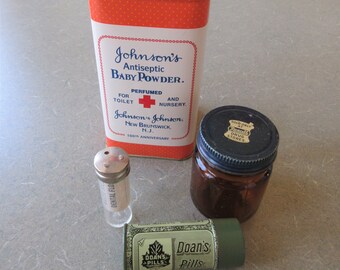 Vintage Product Containers, Johnson's Baby Powder, Rexall Drugs Glass Jar, Doan's Pills, Drugstore Memorabilia, Dental Floss Container