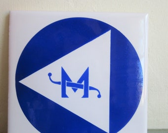 Vintage Tile, Ceramic Tile, Letter M, Decorative Tile, Stylized Letter M, Blue and White Circle and Triangle