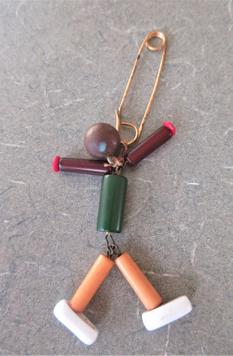 Plastic Bead Man on Pin Vintage Accessory Bakelite Beads Man Pin Vintage Beaded Figure Pin