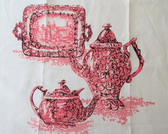 Vintage Linen Tea Towel, Pink Dishes Tea Towel, Pink and White Dish Towel, Retro Kitchen Towel, Cottage Cottagecore Decor