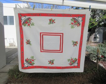 Vintage Tablecloth, Salad Print, Cotton Table Covering, Red Border, Cottagecore Tablecloth, Veggies Vegetable Table Cloth