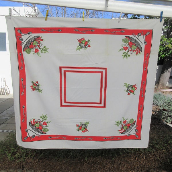 Vintage Tablecloth, Salad Print, Cotton Table Covering, Red Border, Cottagecore Tablecloth, Veggies Vegetable Table Cloth