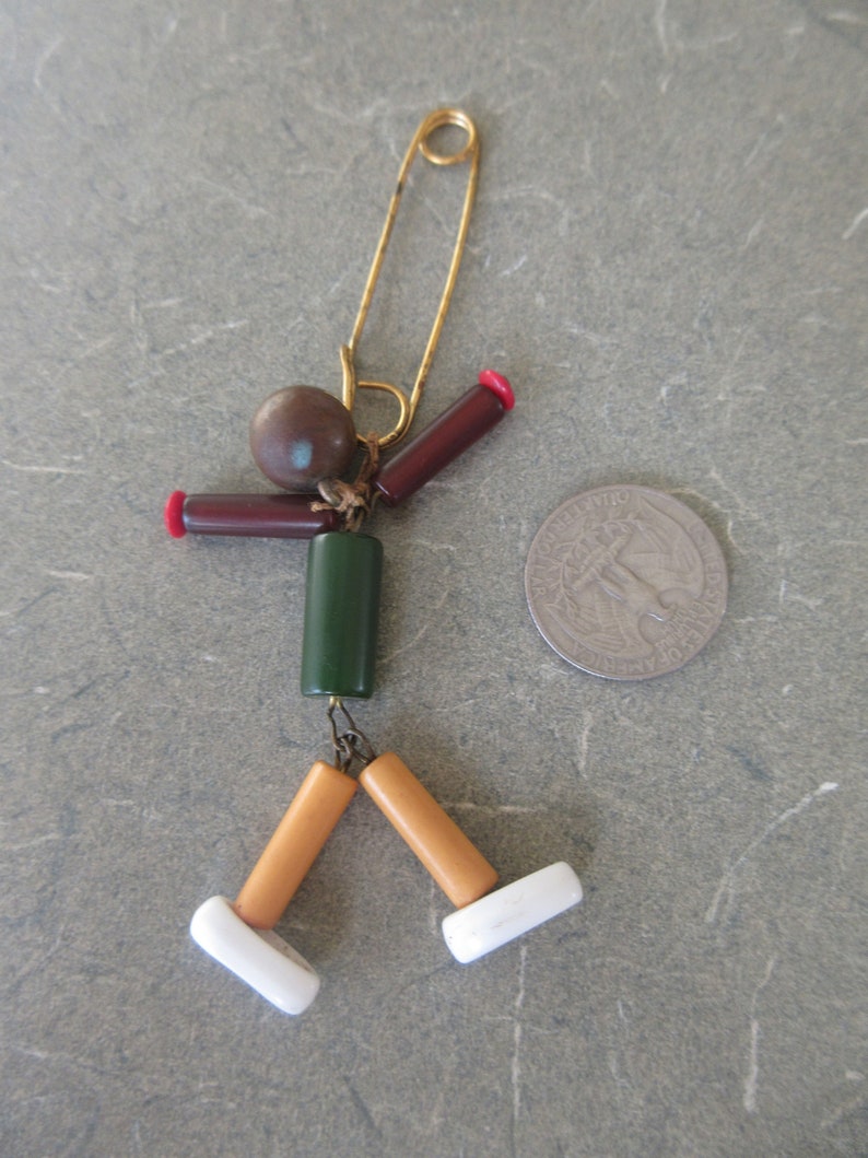 Plastic Bead Man on Pin Vintage Accessory Bakelite Beads Man Pin Vintage Beaded Figure Pin
