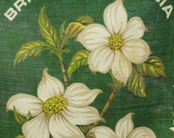 British Columbia Canada Towel, Vintage Tea Towel, Dogwood Flower Towel, Canada Souvenir, Vintage Green Linen Blend Towel