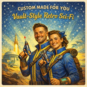 May include: Retro sci-fi style illustration featuring a smiling couple in blue and yellow outfits, holding ray guns. The image includes the text "CUSTOM MADE FOR YOU" and "Vault-Style Retro Sci-Fi". A rocket ship and futuristic city are in the background.