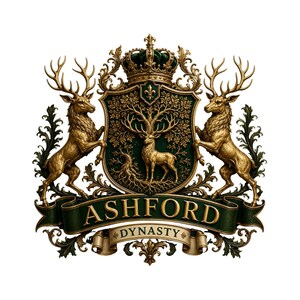 May include: A heraldic emblem featuring two gold stags flanking a central shield with a green background. The shield displays a gold stag and tree motif beneath a crown. A green banner below reads ASHFORD DYNASTY in gold lettering.