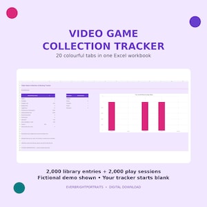 May include: A digital video game collection tracker Excel workbook featuring 20 colourful tabs. The interface displays a library and backlog tracker with data tables, a bar chart showing play status, and text indicating 2,000 library entries.