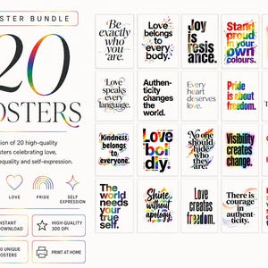 Könnte beinhalten: Eine Sammlung von 20 Pride-Postern mit inspirierenden Zitaten in Regenbogenfarben. Die Poster feiern Liebe, Identität, Gleichheit und Selbstausdruck. Die Worte "POSTER BUNDLE" und "20 POSTERS" stehen oben.