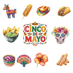 Pacote de clipart de Cinco de Mayo: PNGs de festa mexicana, gráficos florais em aquarela, ilustrações de Sombrero e Maracas, conjunto de download digital