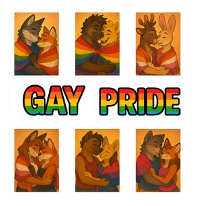 Paquete de arte LGBT de pareja peluda: atuendos con la bandera del orgullo, estampados animales inusuales de moda gay, decoración digital LGBTQIA+, arte mural de amor queer