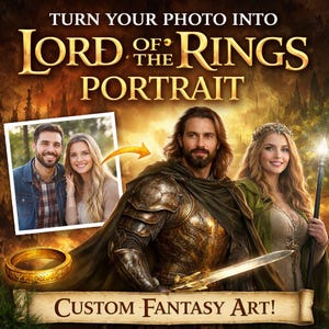 Könnte beinhalten: Werbebild für ein individuelles "Herr der Ringe"-Porträt. Das Bild zeigt einen Mann und eine Frau, die in Fantasy-Charaktere verwandelt wurden, mit einem Foto eines Paares in der Ecke. Der Text lautet "Verwandeln Sie Ihr Foto in ein Herr der Ringe-Porträt" und "Individuelle Fantasy-Kunst!"