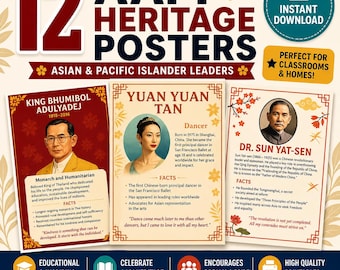 May include: A set of 12 AAPI Heritage Posters featuring Asian & Pacific Islander leaders. The posters include portraits of King Bhumibol Adulyadej, Yuan Yuan Tan, and Dr. Sun Yat-Sen, with facts and quotes. Perfect for classrooms and homes.