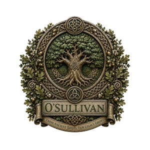 Könnte beinhalten: Eine kreisförmige, steinartige Plakette mit einem detaillierten Baum mit grünen Blättern in der Mitte, umgeben von einem geflochtenen Rand und Eichenblättern. Der Text O'SULLIVAN steht auf einem Banner darunter, mit FROM ANCIENT ROOTS, OUR LEGACY GROWS.