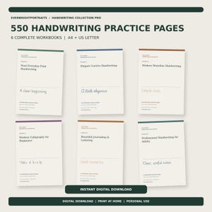 May include: A collection of 550 handwriting practice pages across six workbooks titled EverbrightPortraits Handwriting Collection Pro. The pages feature various styles including print, cursive, monoline, calligraphy, and journaling.