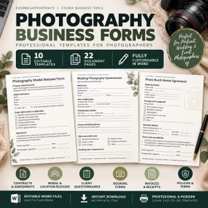May include: A set of photography business forms featuring 10 editable templates and 22 document pages. The documents include a photography model release form, a wedding photography questionnaire, and a photo booth rental agreement with text.