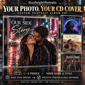 Puede incluir: Un servicio de diseño de portadas de CD personalizadas con una caja grande que muestra a una pareja bajo la lluvia y tres ejemplos más pequeños titulados Late Horizons, The Brighter Days y Broken Crowns. Texto: Everbright Portraits y Your Photo. Your CD Cover.