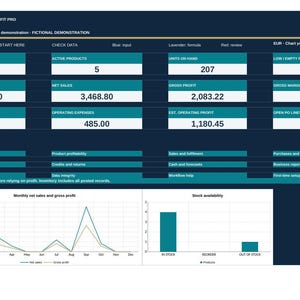 May include: A digital dashboard titled INVENTORY, STOCK & PROFIT PRO displaying business metrics including inventory value, net sales, and gross profit. The interface features teal data boxes, a line chart for monthly net sales, and a bar chart for stock availability.