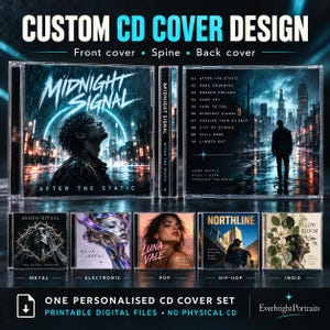 May include: A digital display of a custom CD cover design set featuring a front cover, spine, and back cover with the title Midnight Signal After The Static. Below are five additional CD cover examples labeled Metal, Electronic, Pop, Hip-Hop, and Indie.