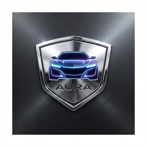 May include: A silver shield-shaped emblem with a stylized car design in blue and purple. The word "AURA" is displayed in white at the bottom of the emblem. The background is a dark, brushed metal texture.