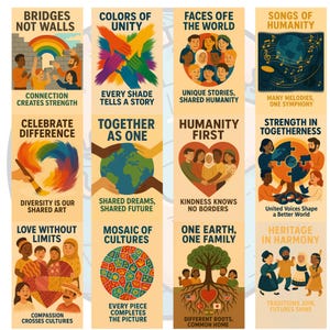 Puede incluir: Un cartel con ilustraciones y texto que promueve la unidad y la diversidad. Los temas incluyen puentes, colores, rostros, canciones, celebrar las diferencias, la unión, la humanidad y el patrimonio. Cada sección tiene un gráfico y mensaje únicos.