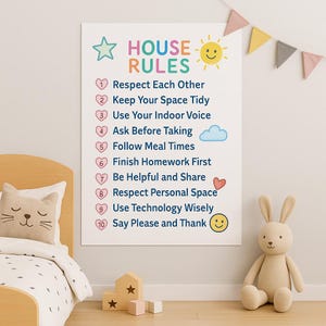 Reglas familiares lindas / Reglas de la casa para niños / Reglas familiares / Póster de comportamiento infantil / Reglas del hogar / Reglas de amabilidad / Reglas / Reglas de orden / Arte mural para niños
